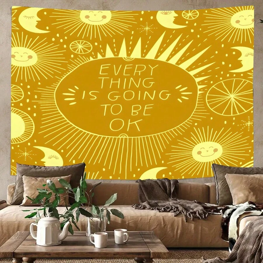 正能量挂毯波西米亚风太阳和月亮艺术壁挂适用于卧室客厅家居装饰 90g 可水洗 79x59 英寸大型挂毯派对装饰室内外，送给女性的礼物包括免费安装包，房间装饰，房间旗帜 - 彩色 - 查看 1