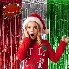 1 件红色绿色银色圣诞铝箔流苏窗帘，圣诞派对装饰，红色银色绿色流苏，派对照片背景，圣诞节/新年/丑陋毛衣派对的金属丝，生日派对用品 - 彩色 - 查看 8