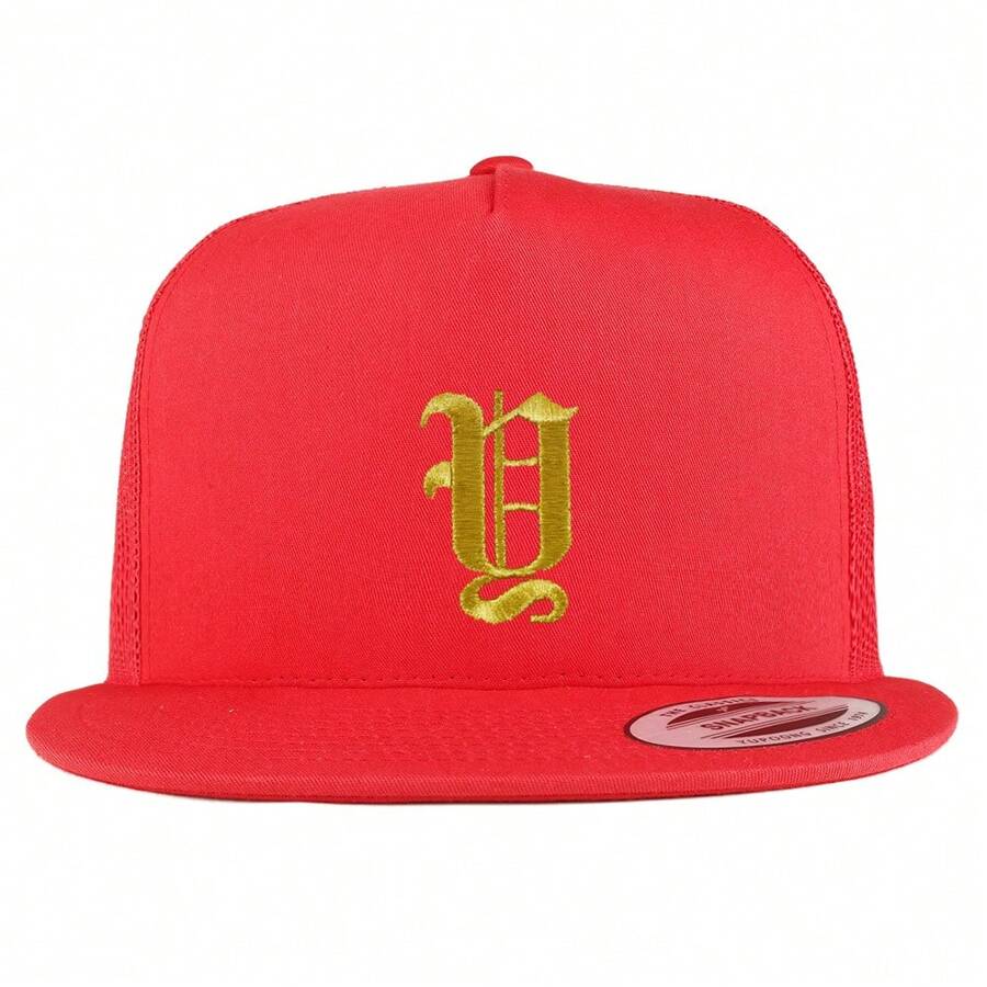 Old English Gold Y Embroidered 5 Panel Flatbill Trucker Mesh Cap