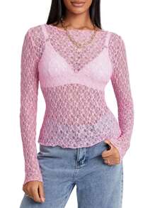 Women's Summer Sheer Crop Tops Long Sleeve Fitted Short Lace Going Out Tops For Party - Pink - View 2