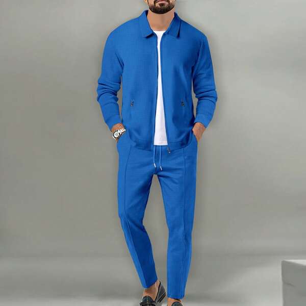New Spring And Autumn Men's Outdoor Casual Jacket Zipper Shirt Jacquard Overcoat Trousers Suit