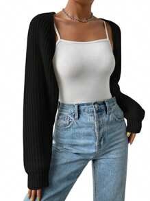 Women's Open Front Cropped Cardigan Long Sleeve Solid Color Ribbed Knit Shrug Sweater Bolero Tops - Black - View 3