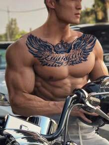 1 件防水临时纹身贴纸，带翅膀、皇冠、字母、羽毛、半永久植物设计，逼真时尚的假纹身，防水哑光，易于粘贴，适合男士腹部、胸部、背部，持续 7-14 天，非常适合派对和音乐节 - 藍色 - 查看 3