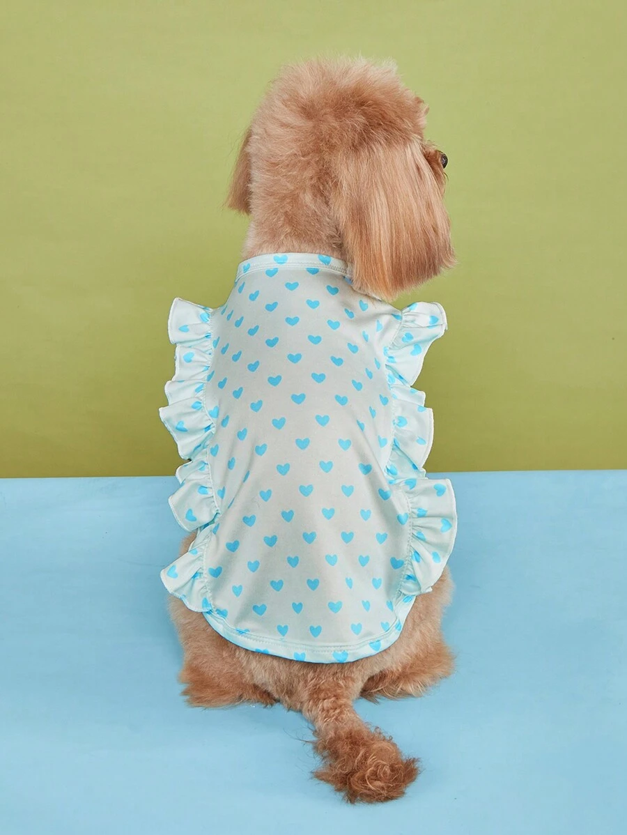 1件轻薄爱心印花荷叶边可爱公主风防掉毛背心，小型犬夏季服装 - 藍色 - 查看 1