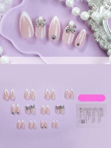 24 件粉色中长杏仁按压指甲白色法式银色蝴蝶结和珍珠装饰假指甲别致风格光泽全覆盖别致风格假指甲适合女士女孩日常约会办公室家庭聚会情人节指甲 - 彩色 - 查看 2