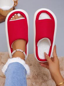 Autumn/Winter Fluffy Lined Slip-On Slippers, Fashion Thickened Warm Peach Pink Open Toe And Beige Casual Indoor House Shoes With Non-Slip Thick Soles, Comfortable Green Long Fur Women House Slippers