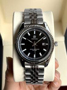 Pablo Raez 1 pieza Reloj vintage de hombre de negocios, accesorio clásico popular de verano, nueva marca de lujo AAA de acero inoxidable con pulsera de cadena, resistente al agua 50M, calendario simple, esfera negra con índices luminosos, punteros y escala, reloj de cuarzo de estilo casual y elegante para uso diario, regalo ideal para padre, amigos hombres, decoración de fiestas, graduación y bodas