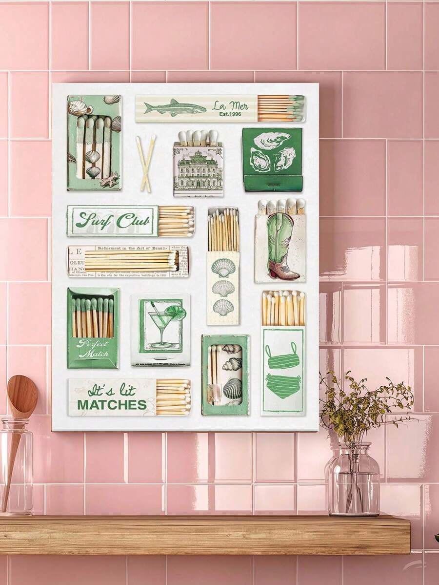 1PC Pink Girly Preppy Wall Art Lucky You Matchbox Canvas Prints Wall Decor Collage Poster Funky Room Decor Matchbook Posters Bedroom Dorm Room Decoration Framed - màu xanh lá - Xem 1