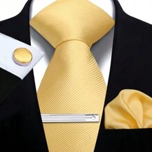 Set de corbata, pañuelo de bolsillo, gemelos y corbatín para hombre, corbatas de poliéster de rayas sólidas para todas las estaciones, fiestas y celebraciones, casual