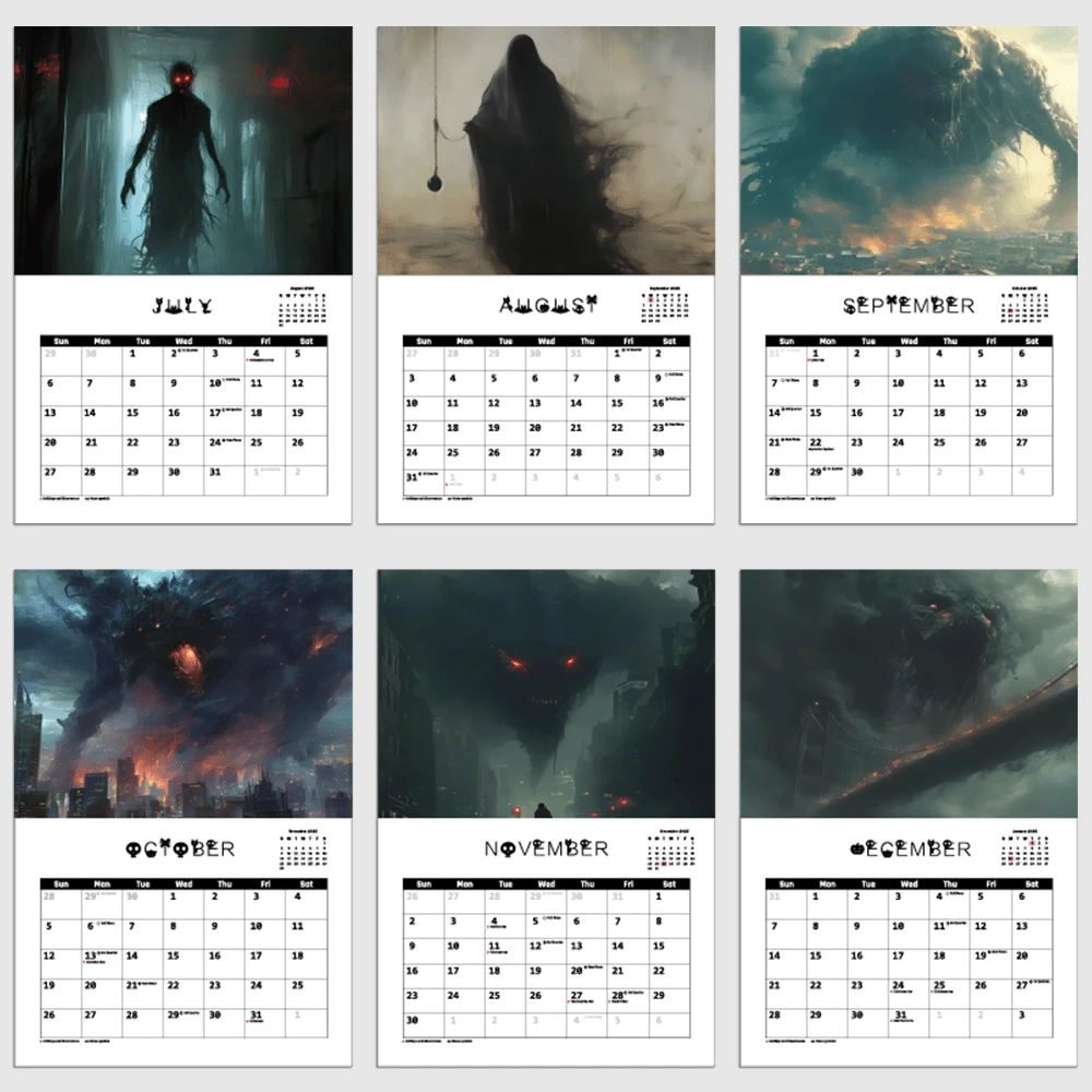 2025 New Calendar, 12 Month Calendar Themed With Scary Monster & Ghost