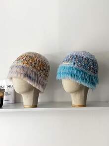 1 件装多巴胺女士保暖渔夫帽，秋冬季，百搭彩色彩虹拼布毛绒绒护耳针织渔夫帽，复古蓬松拼布甜美针织帽，保暖护耳防寒百搭渔夫帽 - 彩色 - 查看 10
