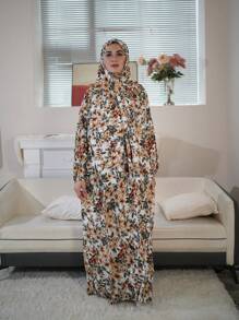 Floral Print Hooded Modest Dress, Elegant Long Sleeve Maxi With Hijab Prayer Dress, Women's Clothing