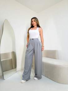 Louis Marrant Women's Wide Leg Pants With One Button, Open Zipper And Side Pockets - Light Grey - View 3