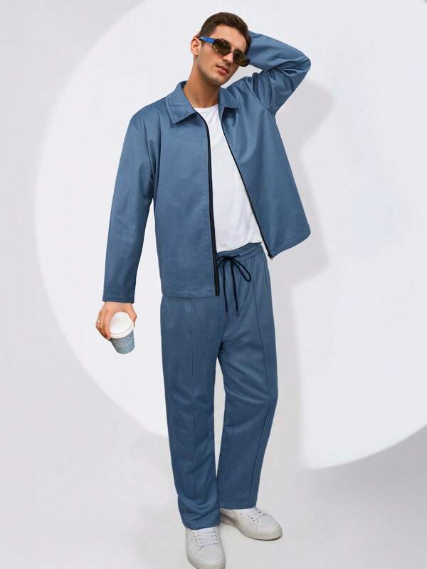 2 peças masculinas cor sólida zíper frontal manga comprida roupa casual - conjunto de blusa e calça
