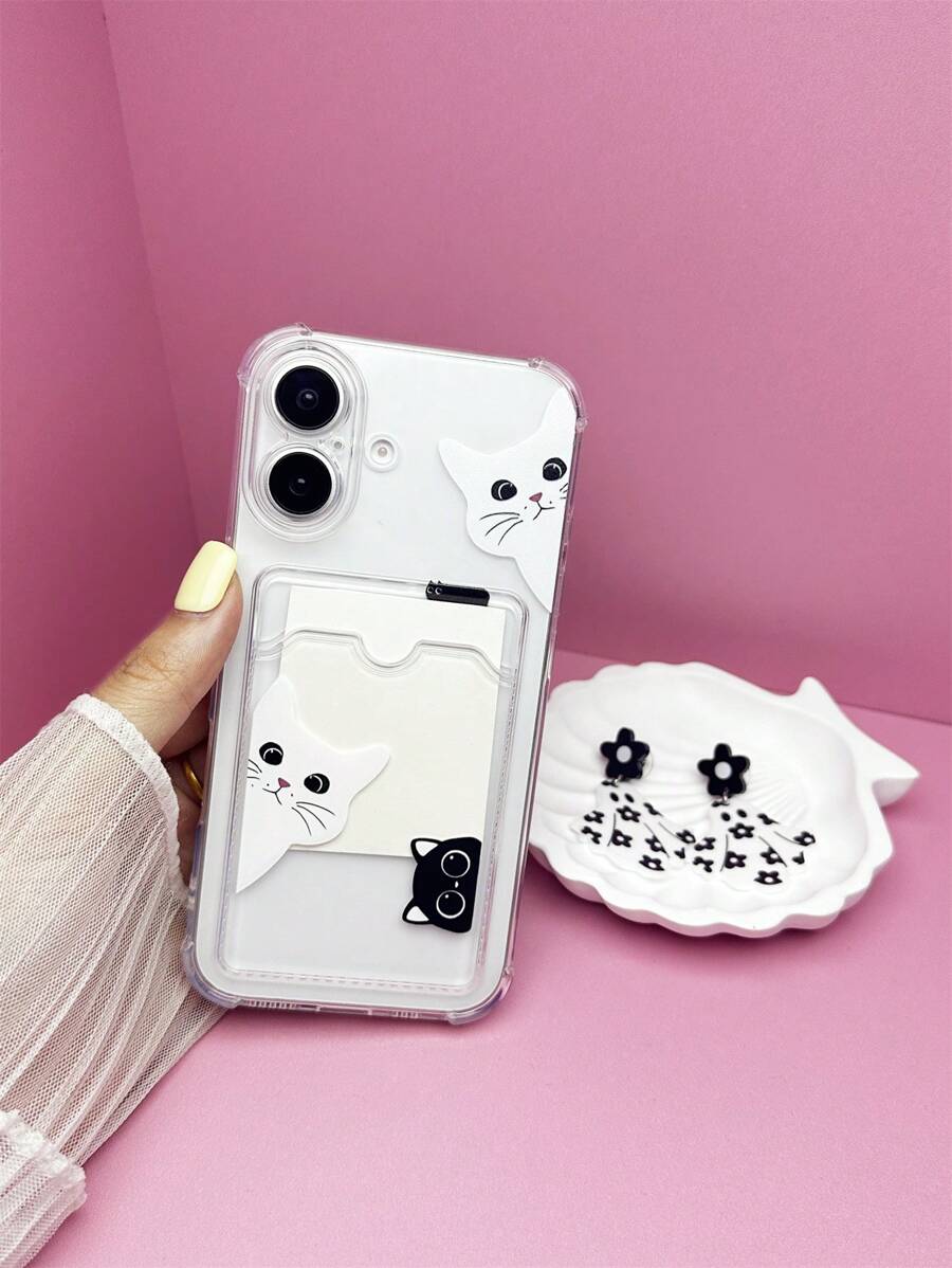 卡通猫图案保护手机壳带卡槽适用于 iPhone11/12/13/14/15 /16 Pro Max/Plus - 彩色 - 查看 1