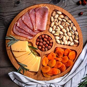 乡村风格含羞草木托盘 - 圆形木制储物篮，适用于零食、水果和甜点 | 厨房收纳盒和餐厅装饰配件