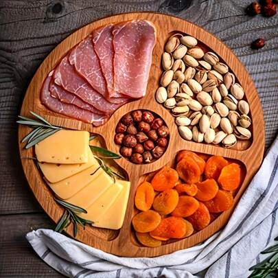 Rustic Style Mimosa Wood Tray - Circular Wooden Storage Basket, Suitable For Snacks, Fruits And Desserts | Kitchen Organizer And Dining Room Decor Accessory