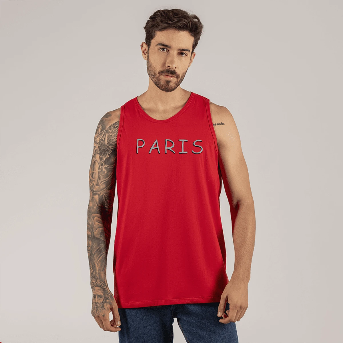 Paris Cont Printed Sleeveless Tank Top For Gym Shirt - 紅色 - 查看 1