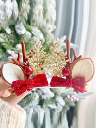 1 Pair Christmas Reindeer Antler Hair Clips, Cute Reindeer Headpiece Accessories
