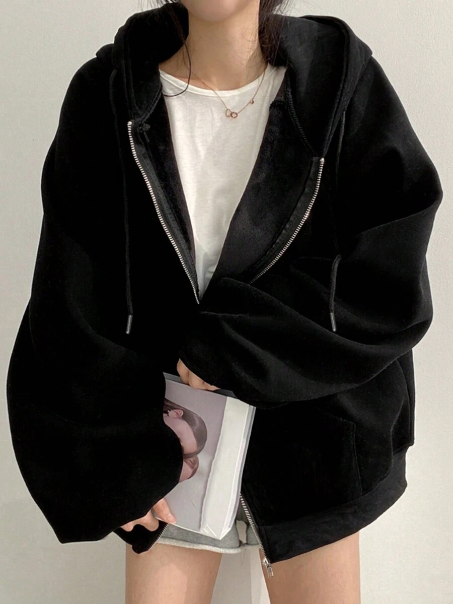 Sudadera con capucha de forro polar de unicolor, manga raglán, manga larga, casual y holgada con cordón, otoño/invierno, color negro