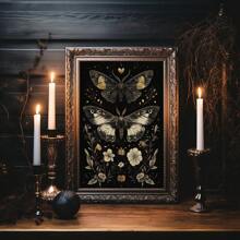 Lot de 2 affiches artistiques sans cadre au style gothique avec des motifs floraux botaniques et des papillons/papillons de nuit. Style esthétique sombre, académique, bohème. Peinture sur canevas minimaliste florale pour décoration de dortoir, appartement, salon, chambre à coucher, maison