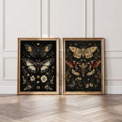 Set Of 2 Unframed Gothic Style Botanical Floral Butteryfly Moths Art Poster Aesthetic Dark Academia Moddy Boho Canvas Painting Print Cottagecore Decor Floral Minimalist Wall Picture For Dorm,Apartment,Living Room,Bedroom,Home Decoration