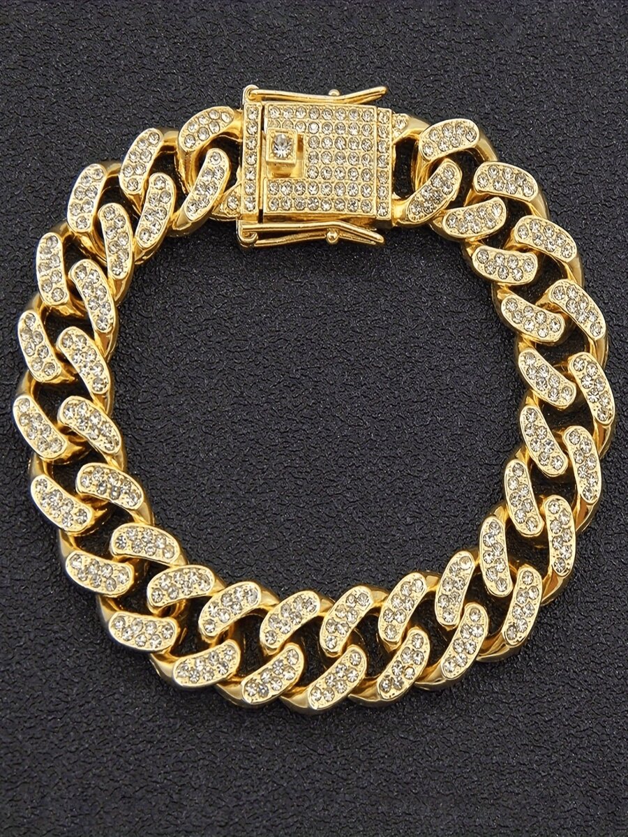 1 chiếc vòng tay mắt xích dày có khóa Dragon Claw, hoàn toàn phủ đá, phụ kiện thời trang Hip Hop phù hợp cho nam giới - Vàng - Xem 1