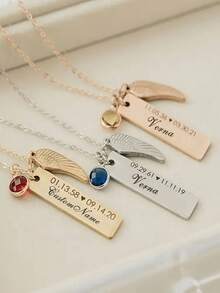 个性化项链 定制诞生石吊坠 纪念珠宝 定制镌刻日期文字吊坠项链 丧亲礼物 失去亲人 长形翅膀项链 吊坠项链 纪念礼物 送给他/她 - 金色 - 查看 6