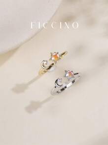 FICCINO FICCINO Mond & Stern Design 14 Karat Vergoldeter Kubischer Zirkonia & Australischer Opal Verstellbarer Ring, Alltags-Tragbarkeit & Denkwürdiges Geschenk mit Schmuckbox für Frauen