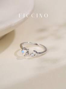 FICCINO FICCINO Mond & Stern Design 14 Karat Vergoldeter Kubischer Zirkonia & Australischer Opal Verstellbarer Ring, Alltags-Tragbarkeit & Denkwürdiges Geschenk mit Schmuckbox für Frauen