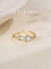 FICCINO FICCINO Mond & Stern Design 14 Karat Vergoldeter Kubischer Zirkonia & Australischer Opal Verstellbarer Ring, Alltags-Tragbarkeit & Denkwürdiges Geschenk mit Schmuckbox für Frauen
