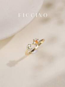 FICCINO FICCINO Mond & Stern Design 14 Karat Vergoldeter Kubischer Zirkonia & Australischer Opal Verstellbarer Ring, Alltags-Tragbarkeit & Denkwürdiges Geschenk mit Schmuckbox für Frauen
