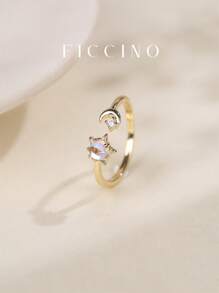 FICCINO FICCINO Mond & Stern Design 14 Karat Vergoldeter Kubischer Zirkonia & Australischer Opal Verstellbarer Ring, Alltags-Tragbarkeit & Denkwürdiges Geschenk mit Schmuckbox für Frauen
