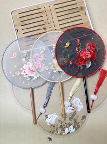 1 Stück vintage Handventilator, chinesischer runder Fächer mit Seide-Stickerei, Kranich-Blumen Heim- und Raumdekoration, Tanzfächer mit Quasten, Party-Requisiten, Weihnachts-, Valentinstags- und Neujahrgeschenk