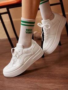 女士厚底系带圆头白色厚底运动鞋，时尚休闲日常穿着，简约新款，适合春秋季 - 白色 - 查看 2