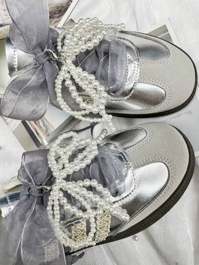 Set de 2 cordones de zapatos con perlas y lazos, decoración de flor removible para tenis, zapatos planos, zapatos casuales, accesorios de zapatos elegantes y lindos para primavera y verano, ideas de regalo