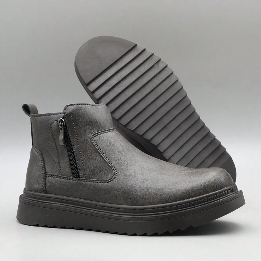 Męskie okrągłe czubki, wsuwane, buty typu Chelsea, grube, buty na platformie, buty zimowe na zewnątrz, czarne, szare, krótkie, skórzane buty