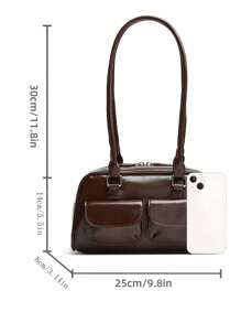Solid Color Multi-Pocket Commuter Shoulder Bag, Women's Fashionable Y2K Bowling Bag, Retro Minimalist PU Underarm Bag, Dual Handles, Multi-Pocket Design, Suitable For Daily Use
