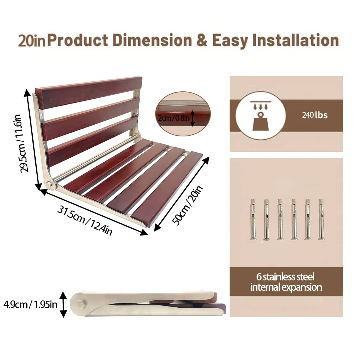 Minimalist Stainless Steel Shower Seat, Foldable WallMounted Shower