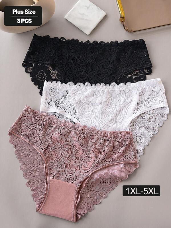 Plus Size 3 Packs Sexy Floral Lace Panty Set, Women's Comfortable Triangle Panties With Lace Trim