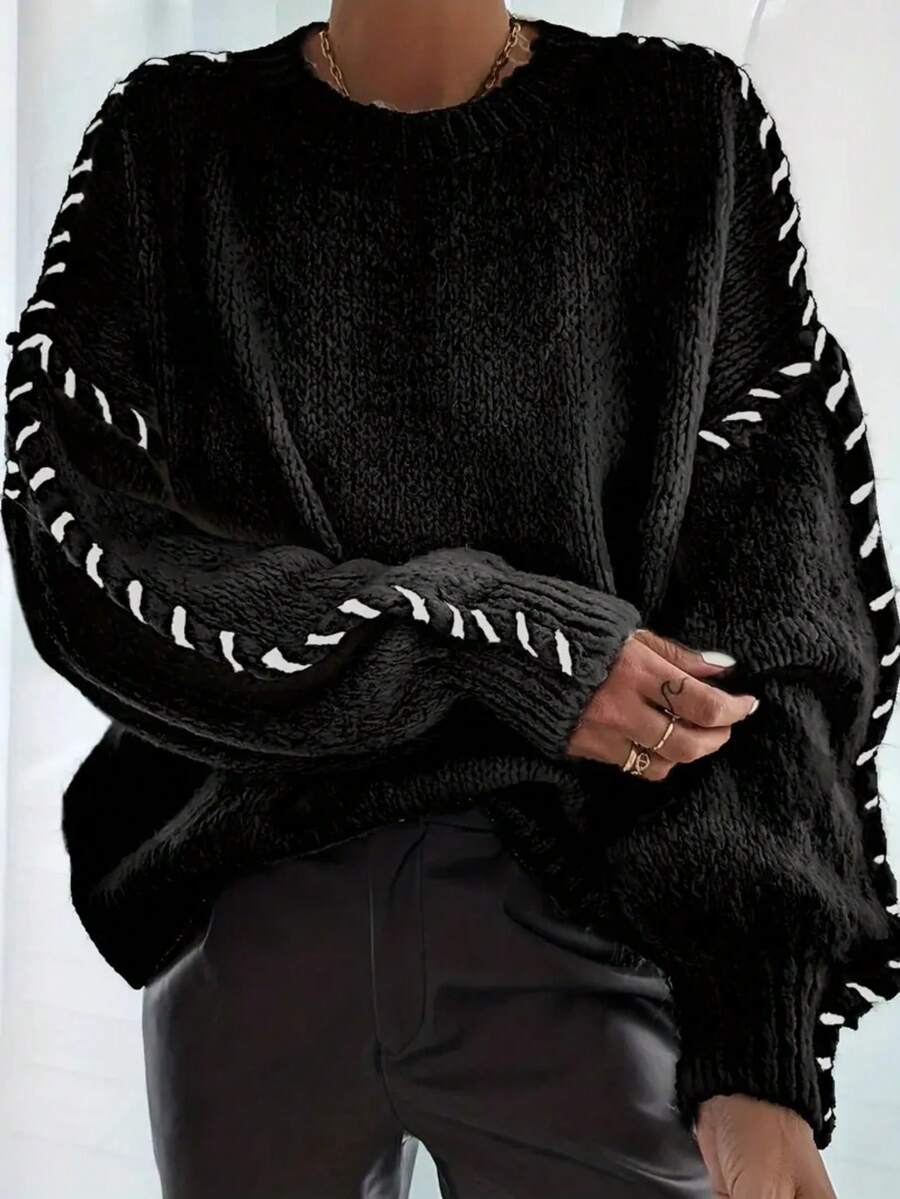 EAVA Autumn/Winter Solid-Color Soft Oversized Drop-Shoulder Crewneck Pullover With Hand-Stitched Hem,Valentine's Day,Valentine Outfits For Women,Valentine Clothes - Black - View 1