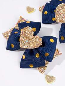 2pcs Navy Blue Hair Clips With Gold Polka Dot Pattern, Shiny Sequin Hair Clips With Gold Heart, Suitable For Girls And Teenagers - Navy Blue - View 3