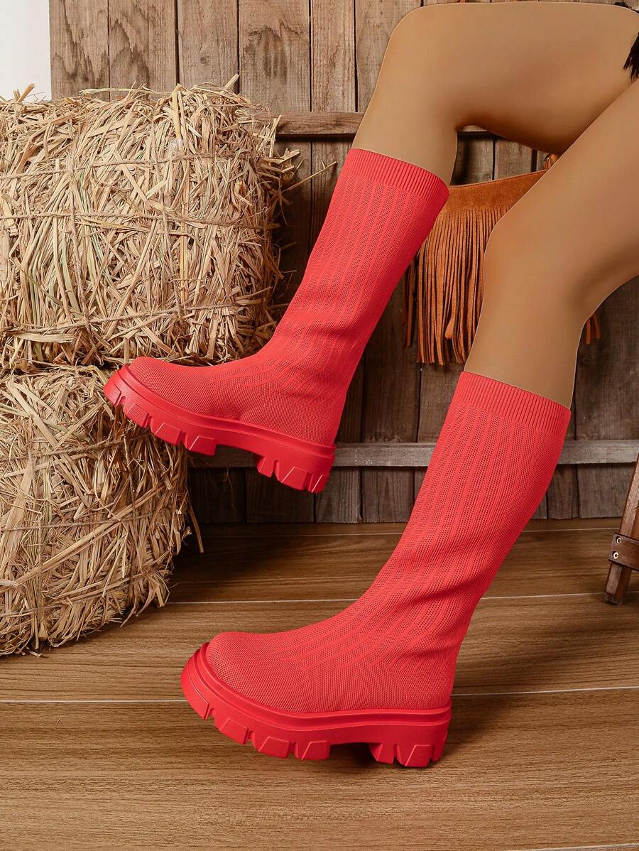 女士时尚厚底中筒靴，黑色编织透气休闲高帮弹力靴，修身时尚百搭，春秋英伦风 - 紅色 - 查看 1