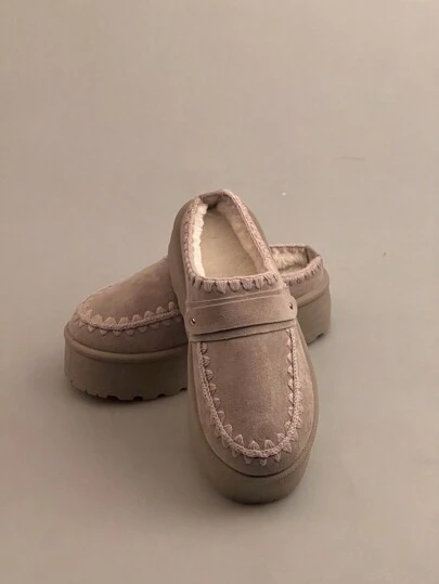 New Handcrafted Lace Trim Suede Sheep Fur Lined Closed Toe Warm Slip-On Slippers For Women