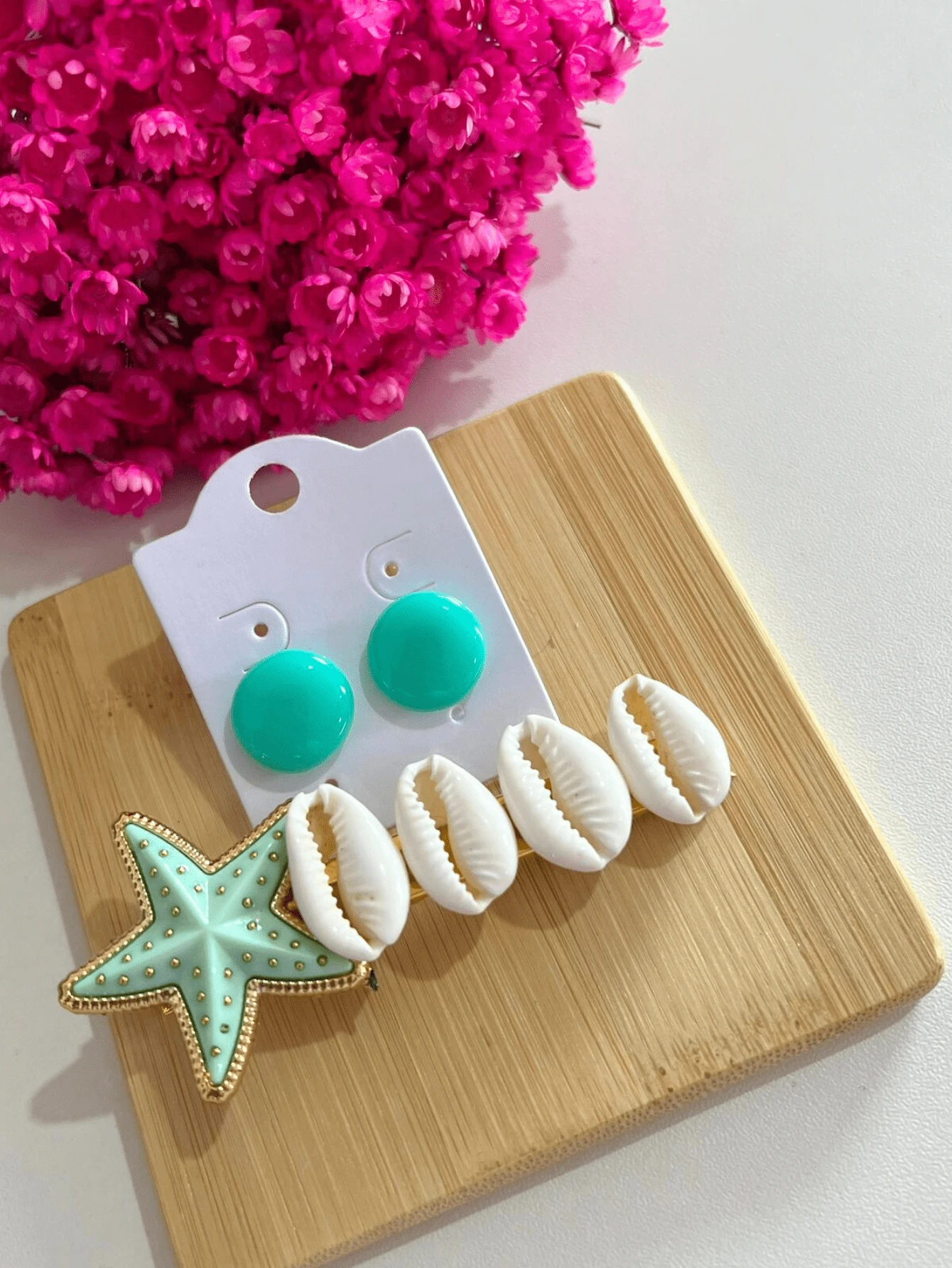 Beach Fashion Hair Clip Summer Hair Accessories Colorful Women Mermaid Shell Cowrie Shells Adult And Children With Resin Earring And Without Earring - 星星和 BÚZIOS 夾子套件 + 水綠色紐扣耳環 - 查看 1