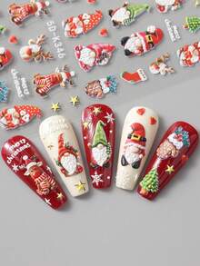FULL BEAUTY 2 miếng dán móng tay hoạt hình ông già Noel nai sừng tấm 5D trang trí móng tay Giáng sinh, găng tay hươu, nai sừng tấm, cây thông Noel, đồ trang trí móng tay mùa đông tự dính, đồ trang trí móng tay trượt DIY - Nhiều màu - Xem 5