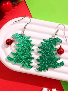 1 对圣诞节趣味古怪可爱卡通倾斜圣诞树亚克力吊坠耳环女士节日派对珠宝 - 綠色 - 查看 4