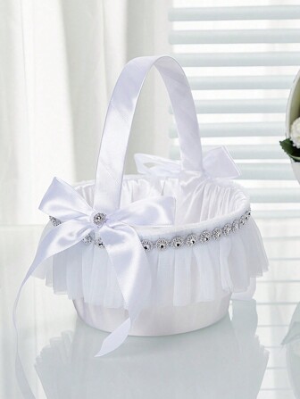 1PC Wedding Flower Girl Basket Handwoven Lace Wedding Baskets With Pearl Handle Sweet Romantic Petals Basket Lace Wedding Baskets For Flower Girls Party Supplies Halloween