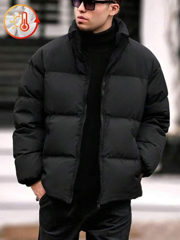 1pc Teen Boy Casual Solid Color Stand Collar Fleece Warm Padded Coat For Outdoor, Autumn/Winter