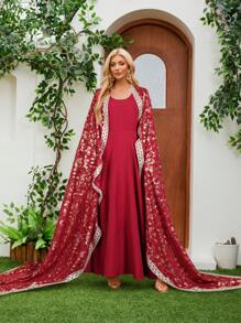 2pcs Women Arabic Middle East Style Robe With Shawl Collar, Floral Embroidered & Metallic Printing Detail - Burgundy - View 3